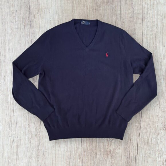 POLO RALPH LAUREN Navy Blue V-Neck Long Sleeve 100% Merino Wool Sweater Mens XL - Picture 1 of 4